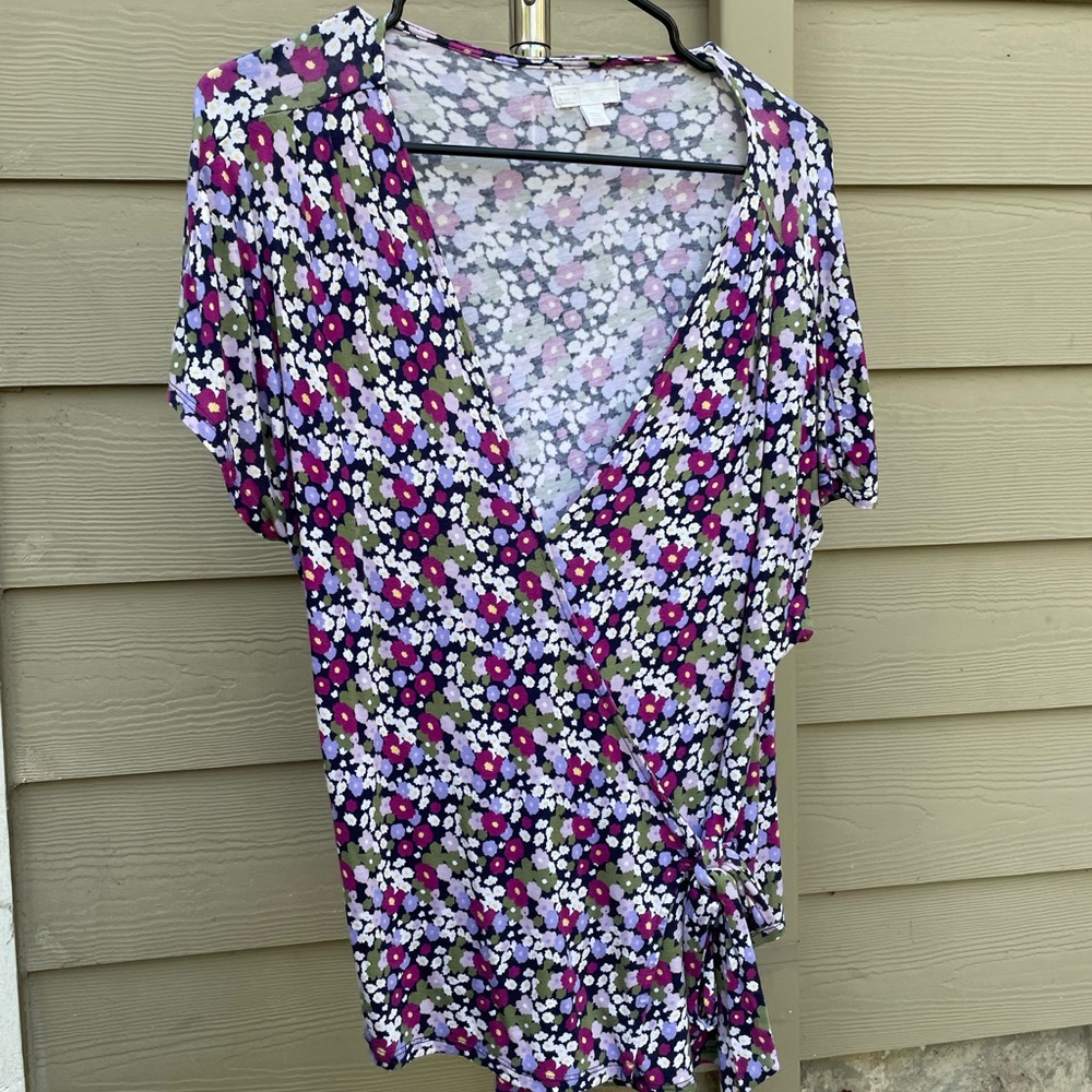 14th & Union Floral Wrap Blouse - Purple, Pink, White